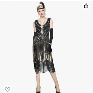 Plus Size Flapper Dress with Accessories - Black/Metallic